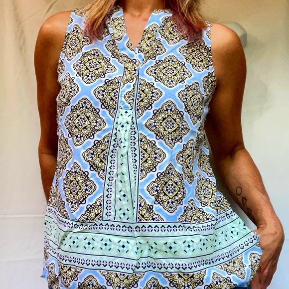 Crown & Ivy PS Sleeveless pale green and blue rayon shifty top - Picture 1 of 8